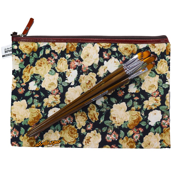 پوشه پارچه ای زیپ دار 61 طرح گل درشت مشکی کرم سویل (6)