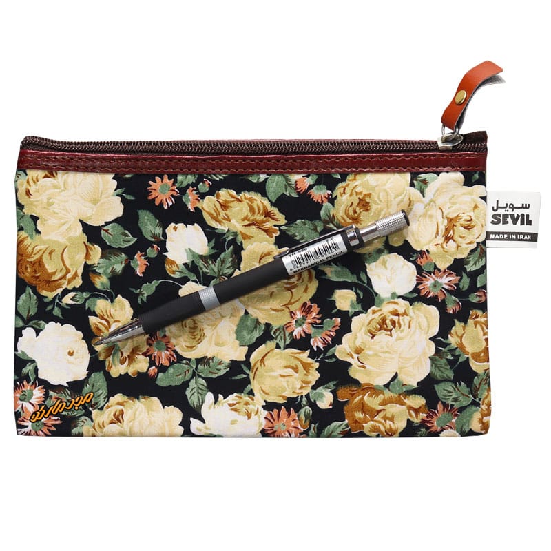 پوشه پارچه ای زیپ دار 41 طرح گل درشت مشکی کرم سویل (1)