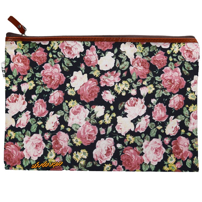 پوشه پارچه ای زیپ دار طرح گل درشت مشکی صورتی A4 سویل