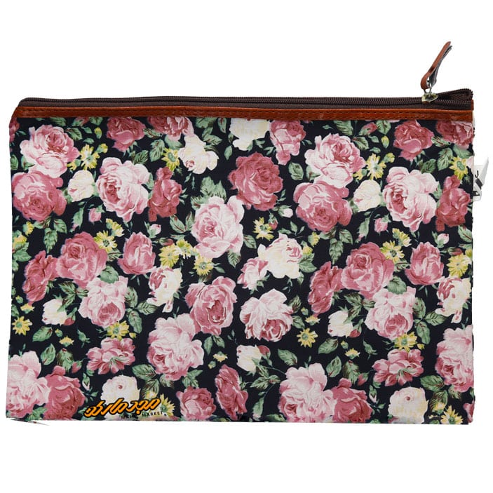 پوشه پارچه ای زیپ دار 61 طرح گل درشت مشکی صورتی سویل (7)