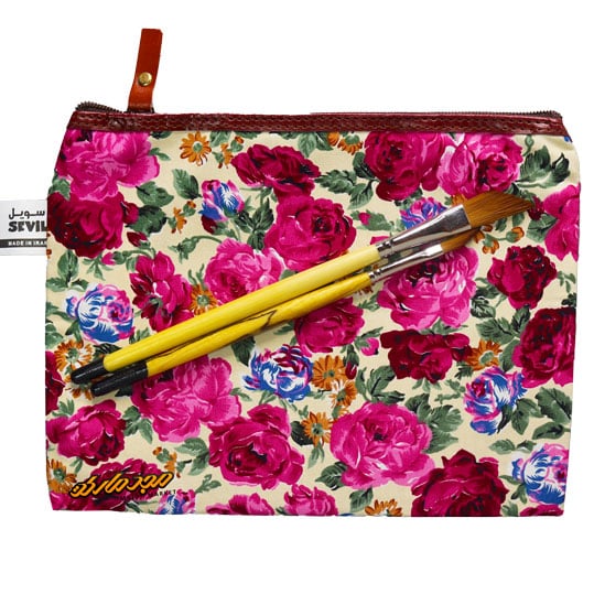 پوشه پارچه ای زیپ دار 51 طرح گل درشت سفید سرخابی سویل