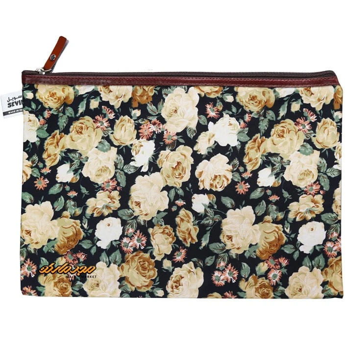 پوشه پارچه ای زیپ دار 51 طرح گل درشت مشکی کرم سویل (1)