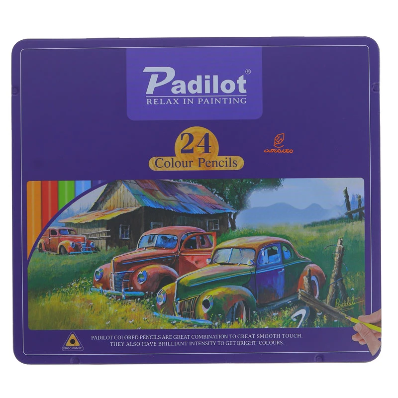 مداد رنگی 24 رنگ جعبه فلزی تخت طرح ماشین پادیلوت padilot (2)