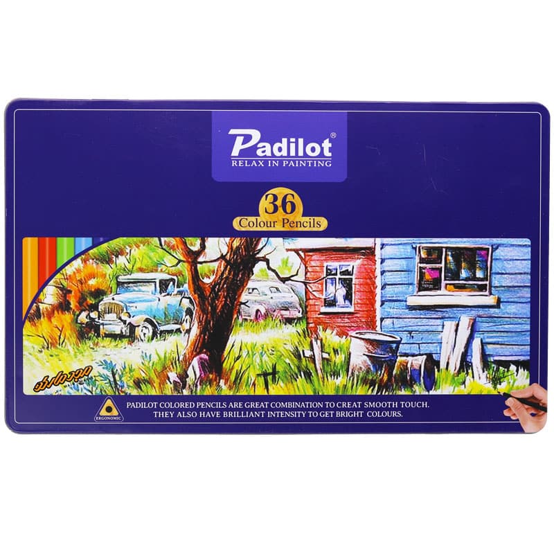 مداد رنگی 36 رنگ جعبه فلزی تخت طرح خونه روستایی پادیلوت padilot