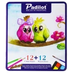 مداد رنگی 12 رنگ +12 ابرنگ جعبه فلزی تخت طرح جغد پادیلوت Padilot