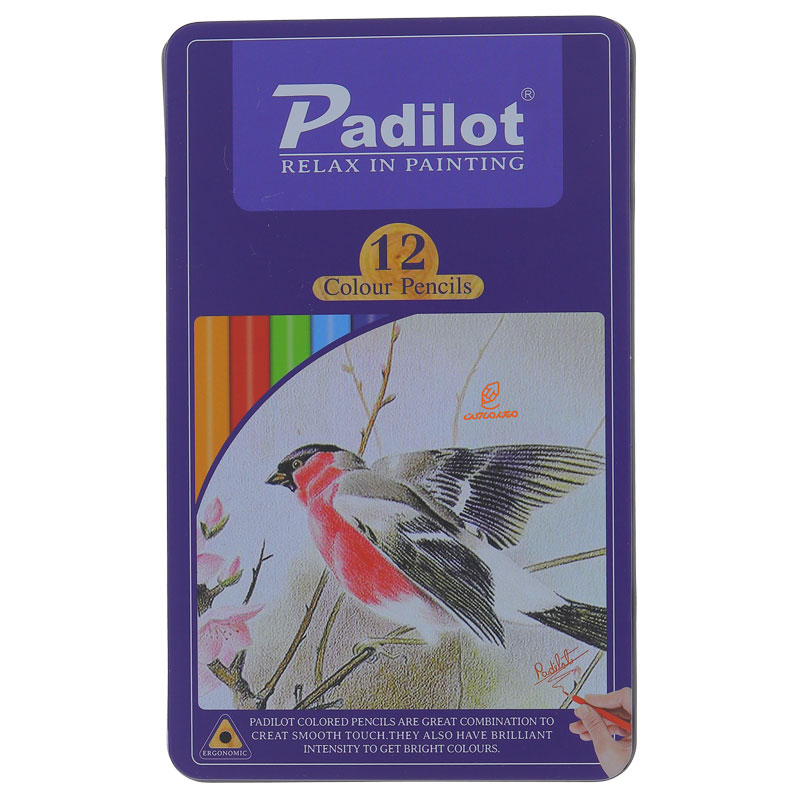 مداد رنگی 12 رنگ جعبه فلزی تخت طرح پرنده پادیلوت padilot