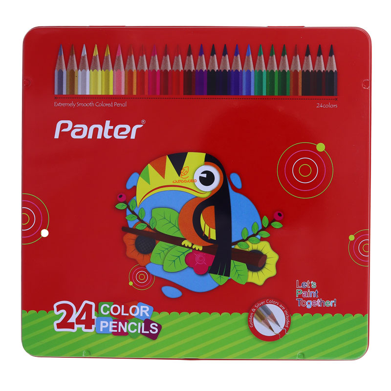 مداد رنگی 24 رنگ جعبه فلزی تخت طرح طوطی پنتر PANTER (1)