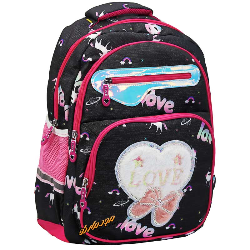 کوله پشتی مشکی صورتی هولوگرامی طرح قلب