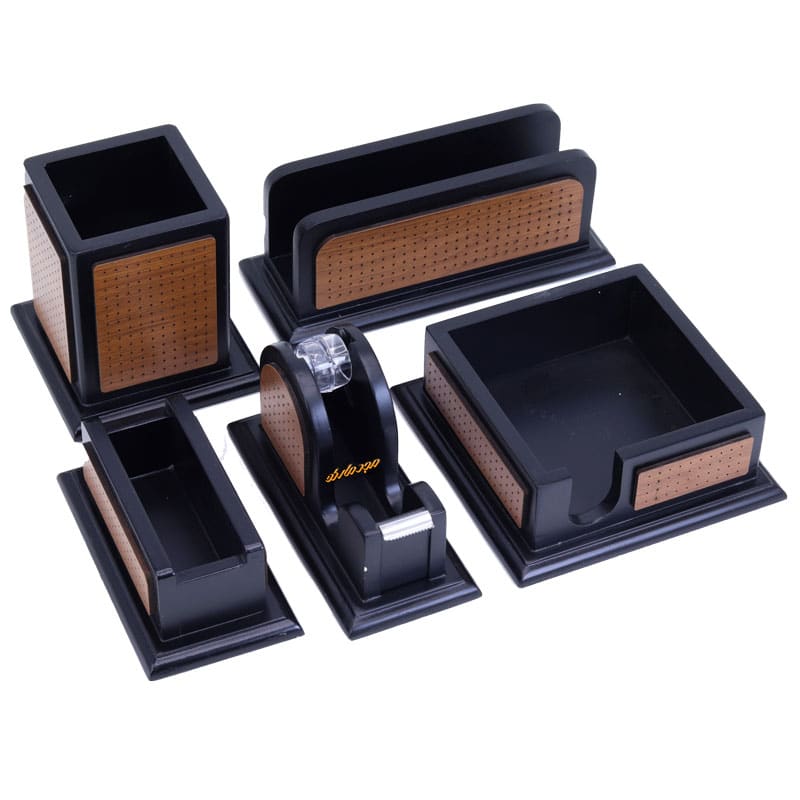 سرویس اداری رومیزی طرح مشبک کد 5 مشکی قهوه ای چرم چوب