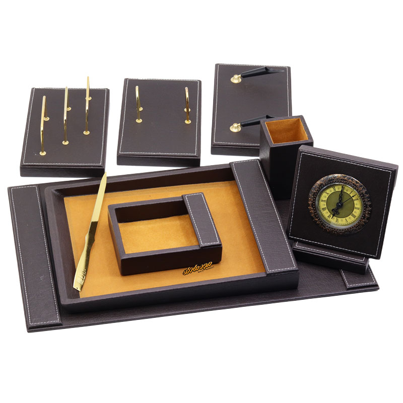 سرویس اداری رومیزی کد 6 قهوه ای سوخته چرم چوب