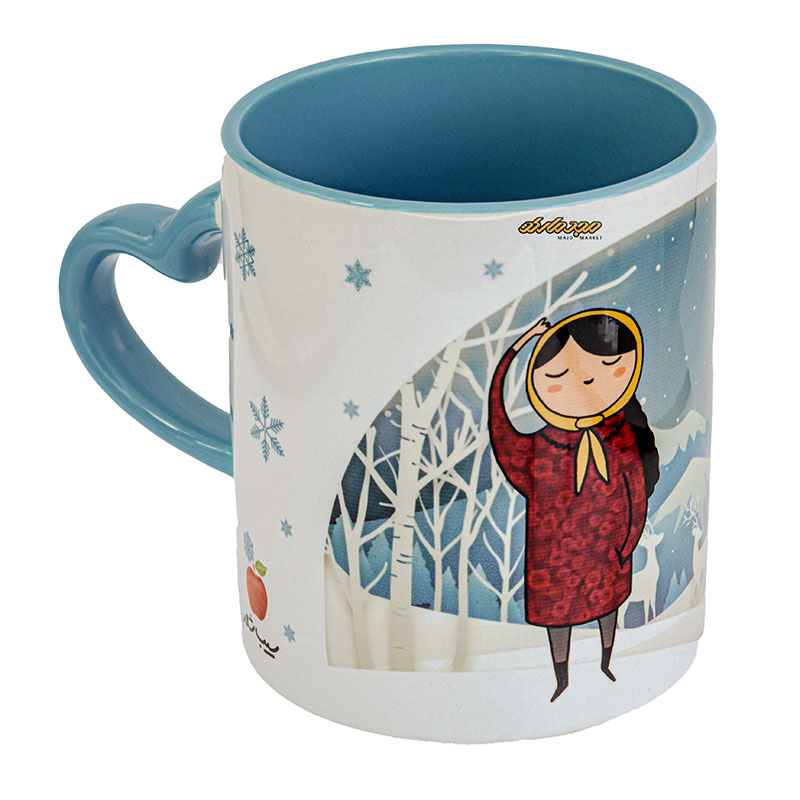 ماگ ماه تولد سفید و آبی دسته قلبی طرح دختر اسفندی