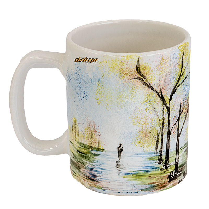 ماگ سفید طرح درخت و برکه آبرنگی