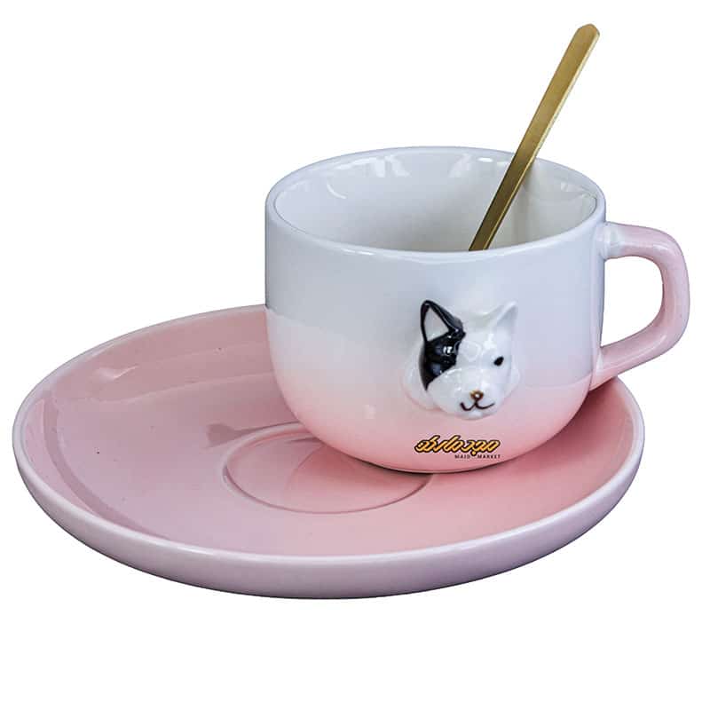 فنجان و نعلبکی صورتی طرح سگ برجسته (1)