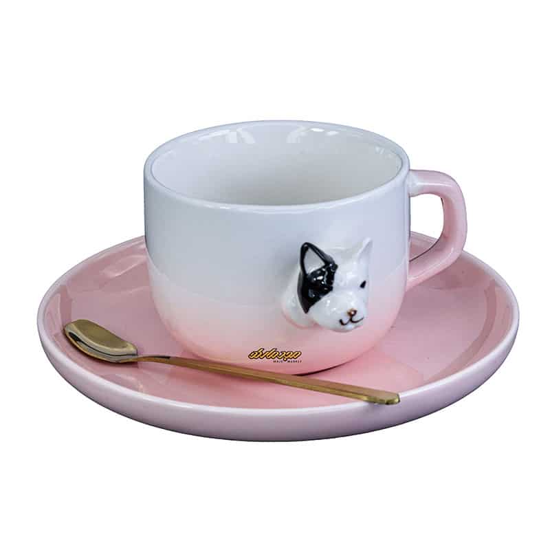 فنجان و نعلبکی صورتی طرح سگ برجسته