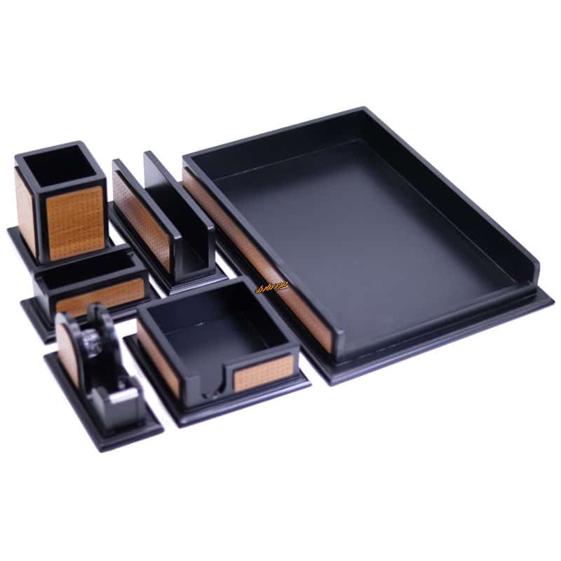 سرویس اداری رومیزی طرح مشبک کد 6 مشکی قهوه ای چرم چوب