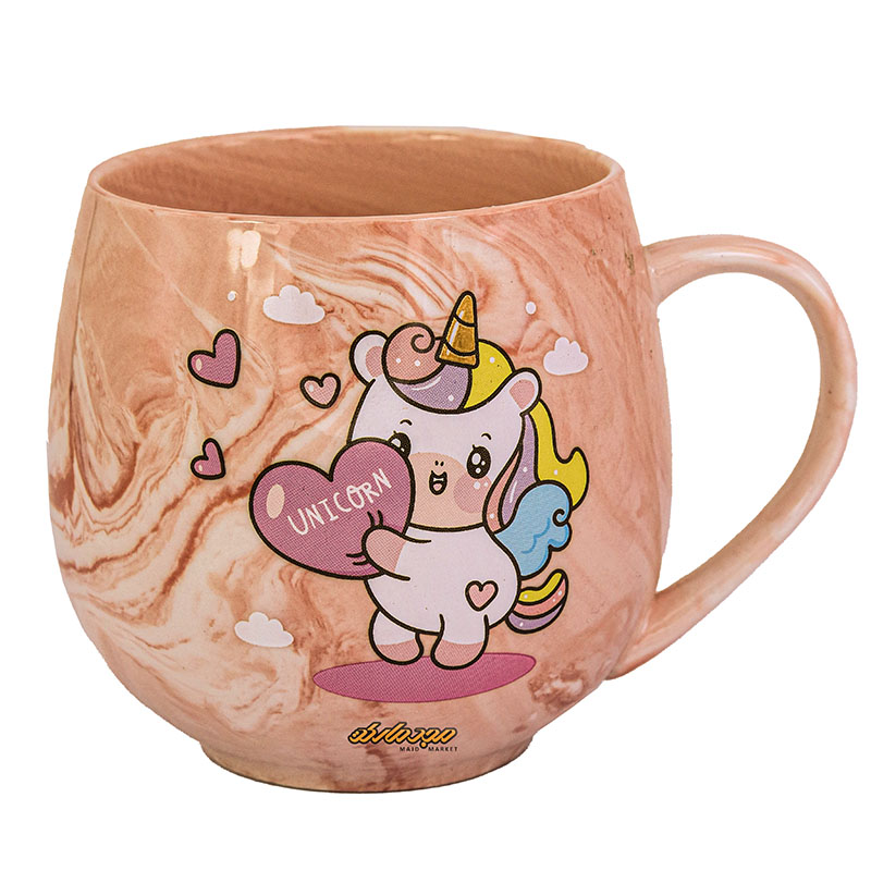 ماگ فانتزی صورتی آبرنگی طرح یونیکورن و قلب