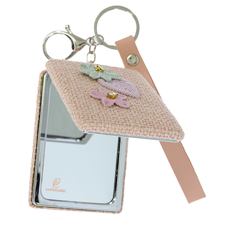 آینه مستطیلی جیبی (آرایشی) فانتزی پارچه ای صورتی طرح گل 075 (3)