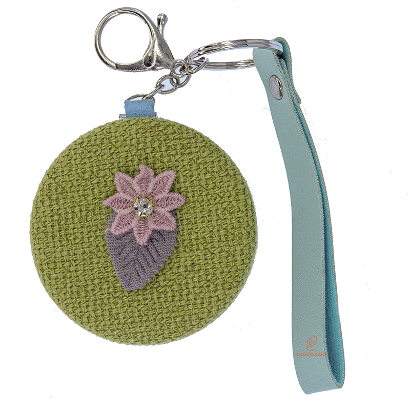 آینه گرد جیبی (آرایشی) فانتزی پارچه ای سبز طرح گل 075