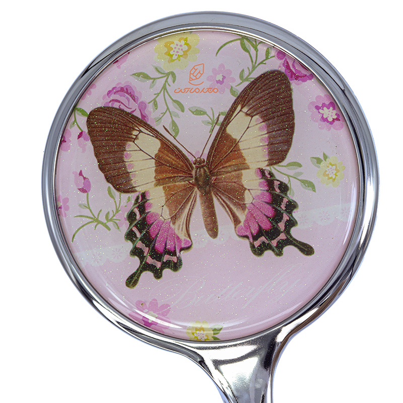 آینه دسته دار (آرایشی) فانتزی صورتی طرح پروانه قهوه ای (2)