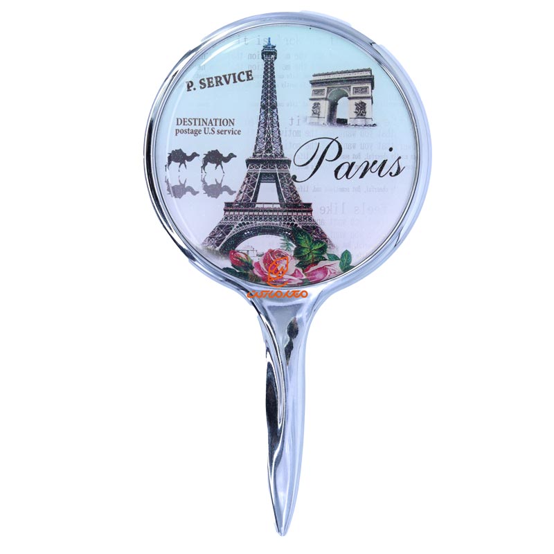 آینه دسته دار (آرایشی) فانتزی آبی طرح برج ایفل و گل رز