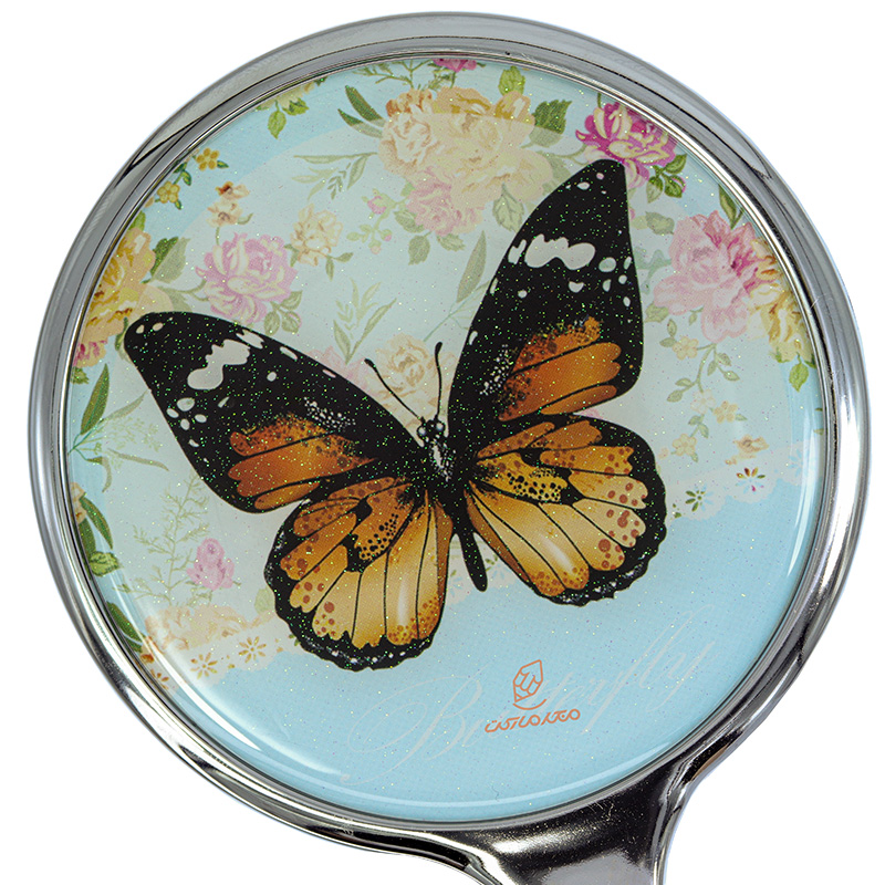 آینه دسته دار (آرایشی) فانتزی آبی طرح پروانه مشکی (2)