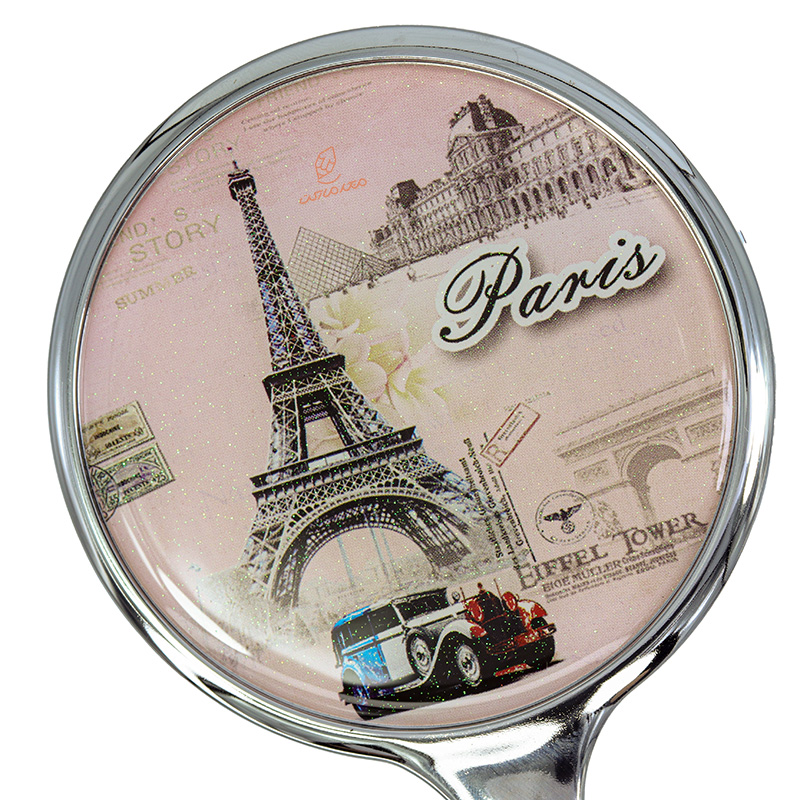 آینه دسته دار (آرایشی) فانتزی صورتی طرح برج ایفل و ماشین (2)