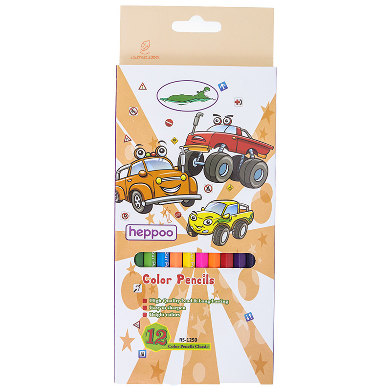 مداد رنگی 12 رنگ جعبه مقوایی طرح ماشین ها هپو HEPPOO