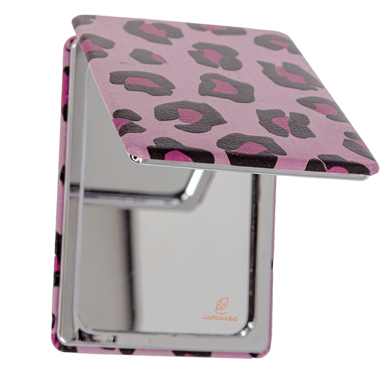 آینه مستطیلی جیبی (آرایشی) فانتزی پارچه ای صورتی طرح پلنگی قرمز 305 (1)