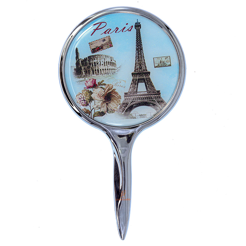 آینه دسته دار (آرایشی) فانتزی آبی طرح برج ایفل و تمبر