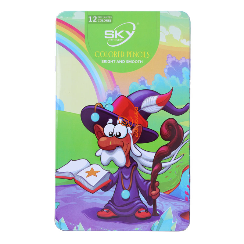 مداد رنگی 12 رنگ جعبه فلزی تخت طرح جادوگر اسکای SKY