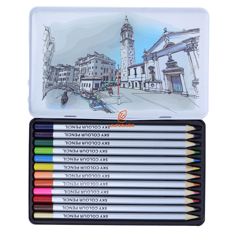مداد رنگی 12 رنگ جعبه فلزی تخت طرح برج ساعت آرتیست اسکای SKY (3)
