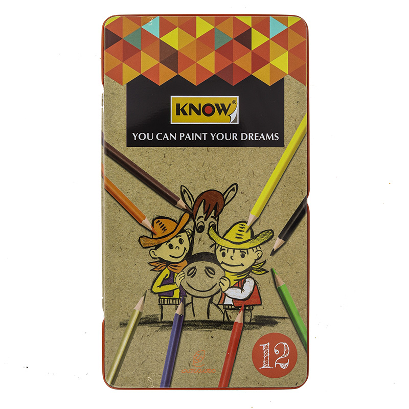 مداد رنگی 12 رنگ جعبه فلزی تخت طرح کابوی نو KNOW
