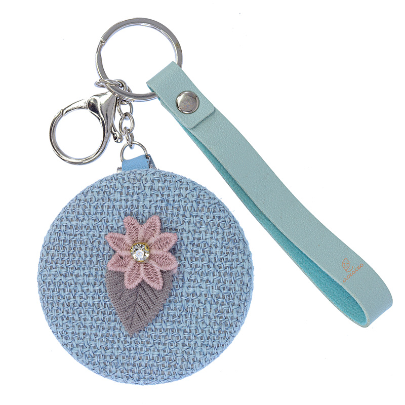 آینه گرد جیبی (آرایشی) فانتزی پارچه ای آبی طرح گل 075