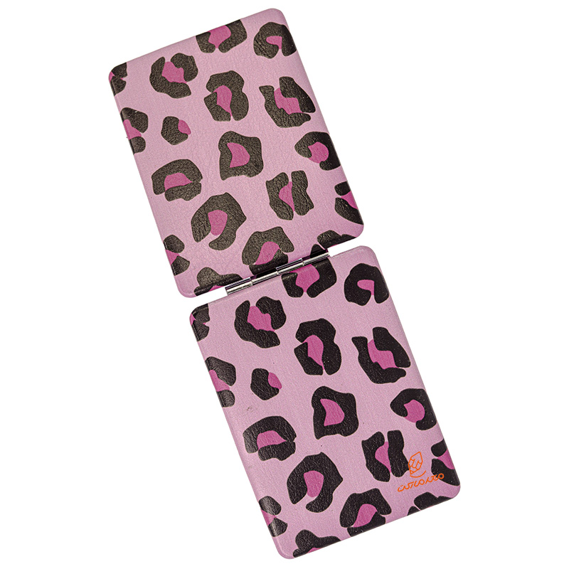 آینه مستطیلی جیبی (آرایشی) فانتزی پارچه ای صورتی طرح پلنگی قرمز 305 (3)