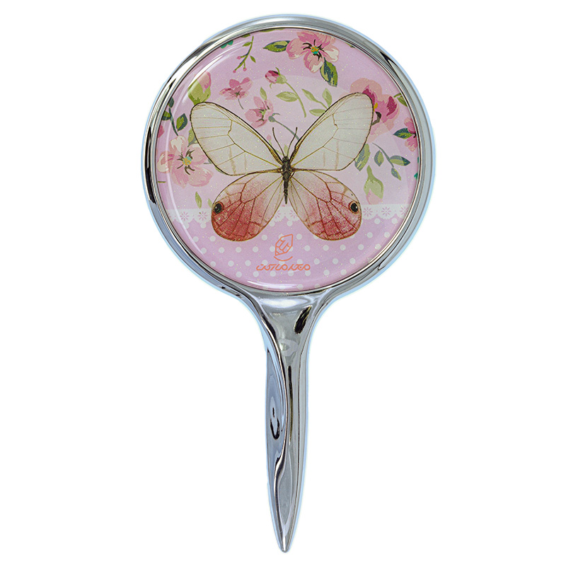آینه دسته دار (آرایشی) فانتزی صورتی طرح پروانه کرم