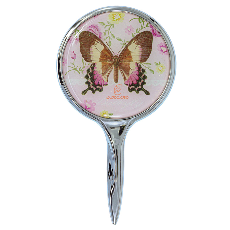 آینه دسته دار (آرایشی) فانتزی صورتی طرح پروانه قهوه ای
