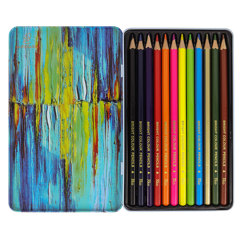 مداد رنگی 12رنگ جعبه فلزی تخت طرح نقاشی آبرنگی ریکو RICO (1)