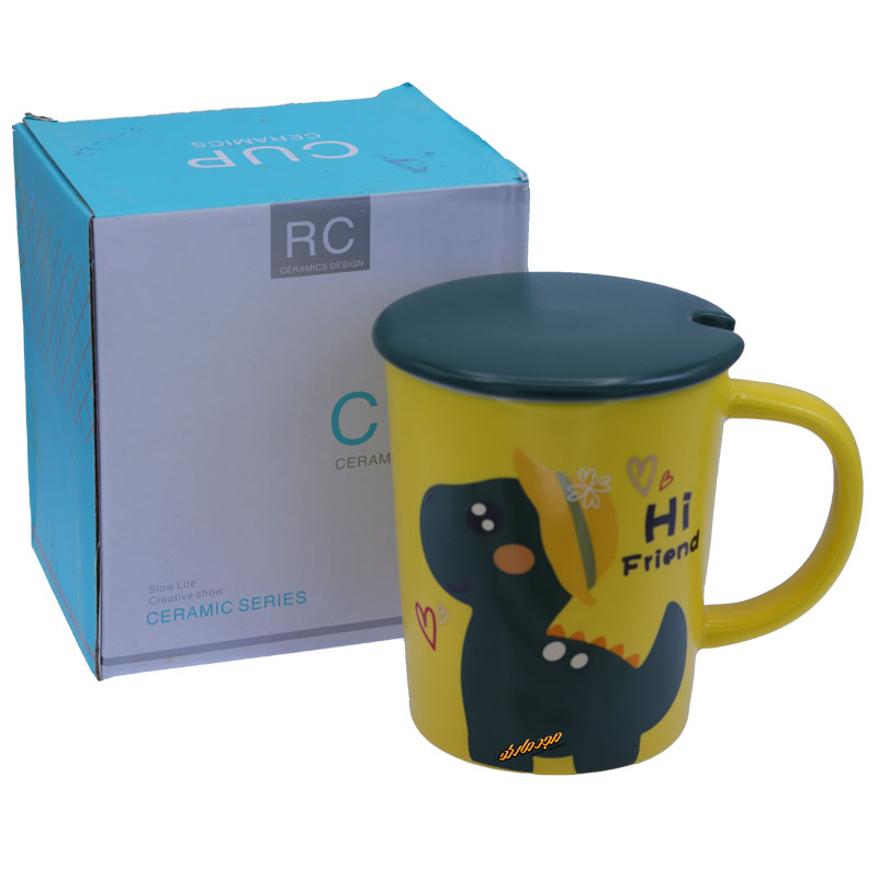 ماگ فانتزی زرد طرح دایناسور سبز (3)