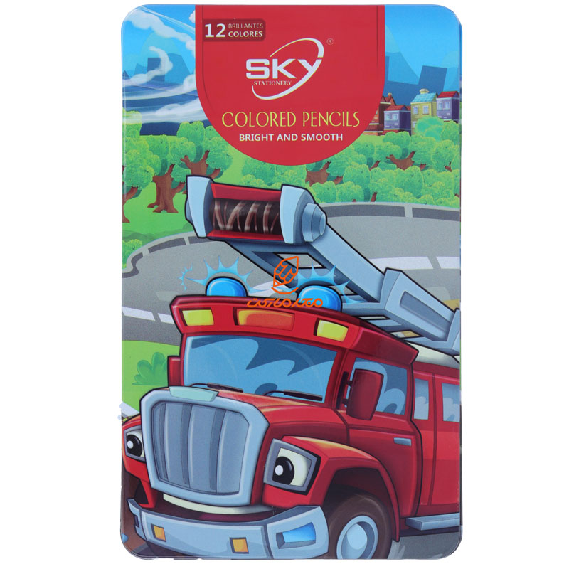 مداد رنگی 12 رنگ جعبه فلزی تخت طرح ماشین آتشنشانی اسکای SKY