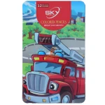 مداد رنگی 12 رنگ جعبه فلزی تخت طرح ماشین آتشنشانی اسکای SKY (2)