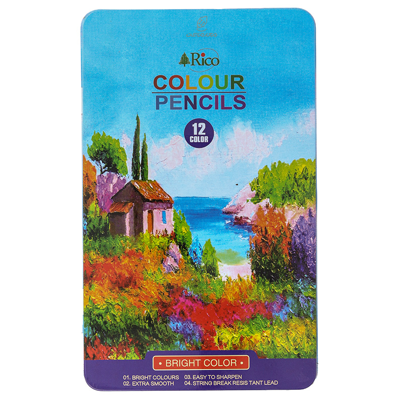مداد رنگی 12رنگ جعبه فلزی تخت طرح ساحل سبز ریکو RICO