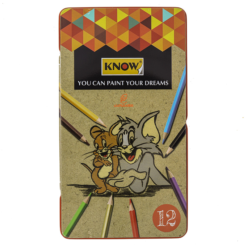 مداد رنگی 12 رنگ جعبه فلزی تخت طرح تام و جری نو KNOW
