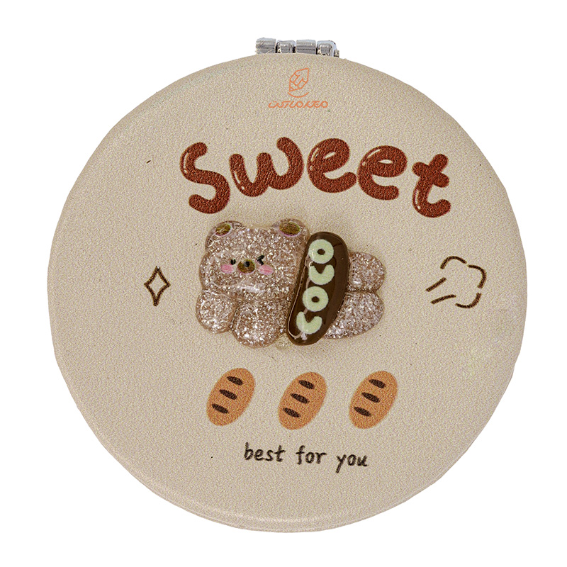 آینه گرد جیبی (آرایشی) فانتزی کرم طرح برجسته خرس 205