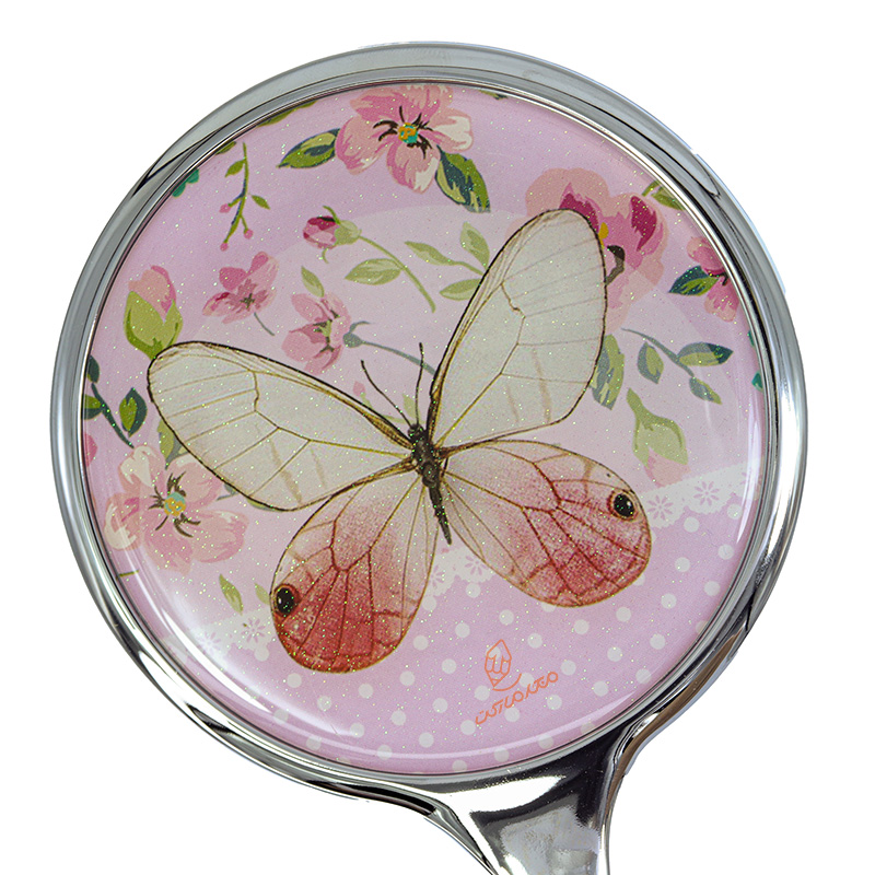 آینه دسته دار (آرایشی) فانتزی صورتی طرح پروانه کرم (2)