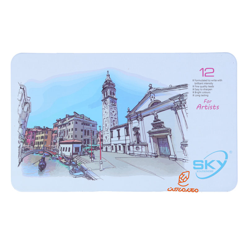 مداد رنگی 12 رنگ جعبه فلزی تخت طرح برج ساعت آرتیست اسکای SKY
