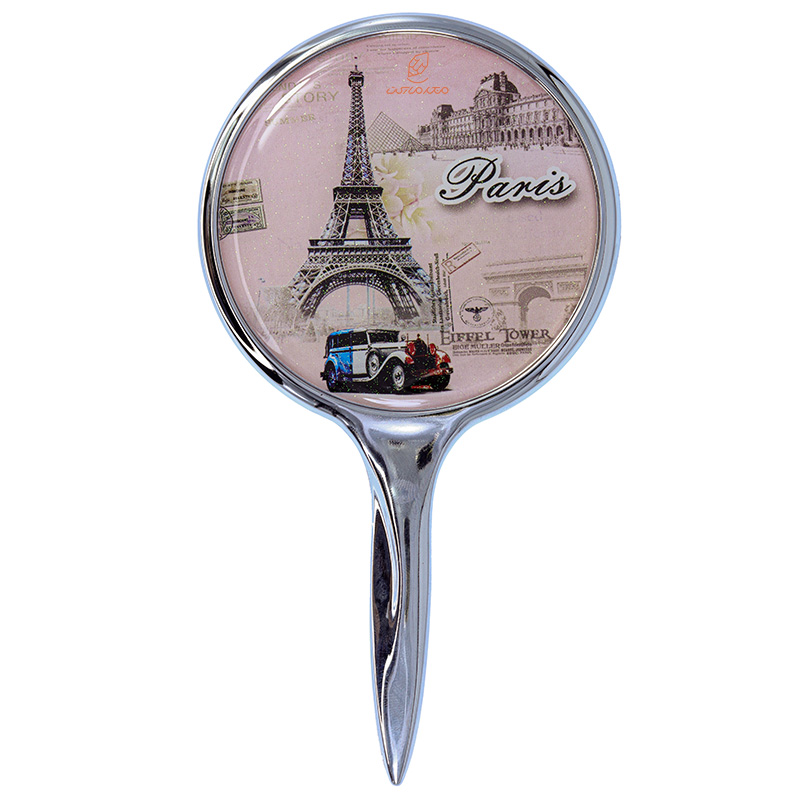 آینه دسته دار (آرایشی) فانتزی صورتی طرح برج ایفل و ماشین
