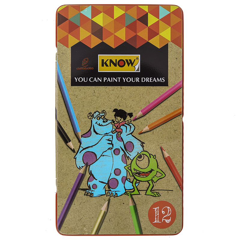 مداد رنگی 12 رنگ جعبه فلزی تخت طرح هیولاهای مهربان نو KNOW