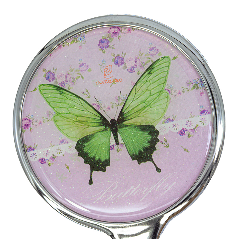 آینه دسته دار (آرایشی) فانتزی بنفش طرح پروانه سبز (2)