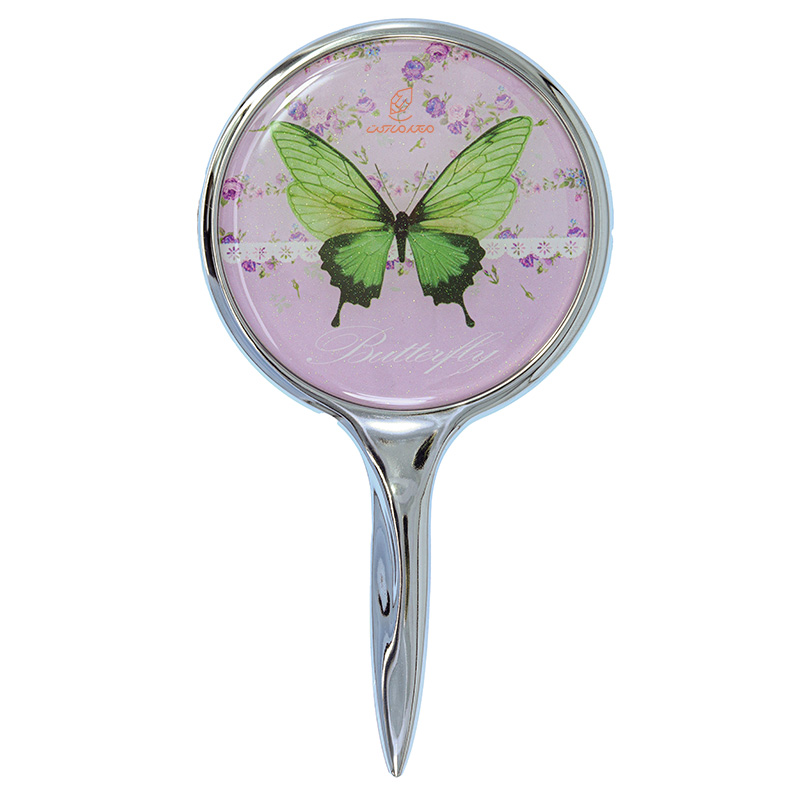 آینه دسته دار (آرایشی) فانتزی بنفش طرح پروانه سبز