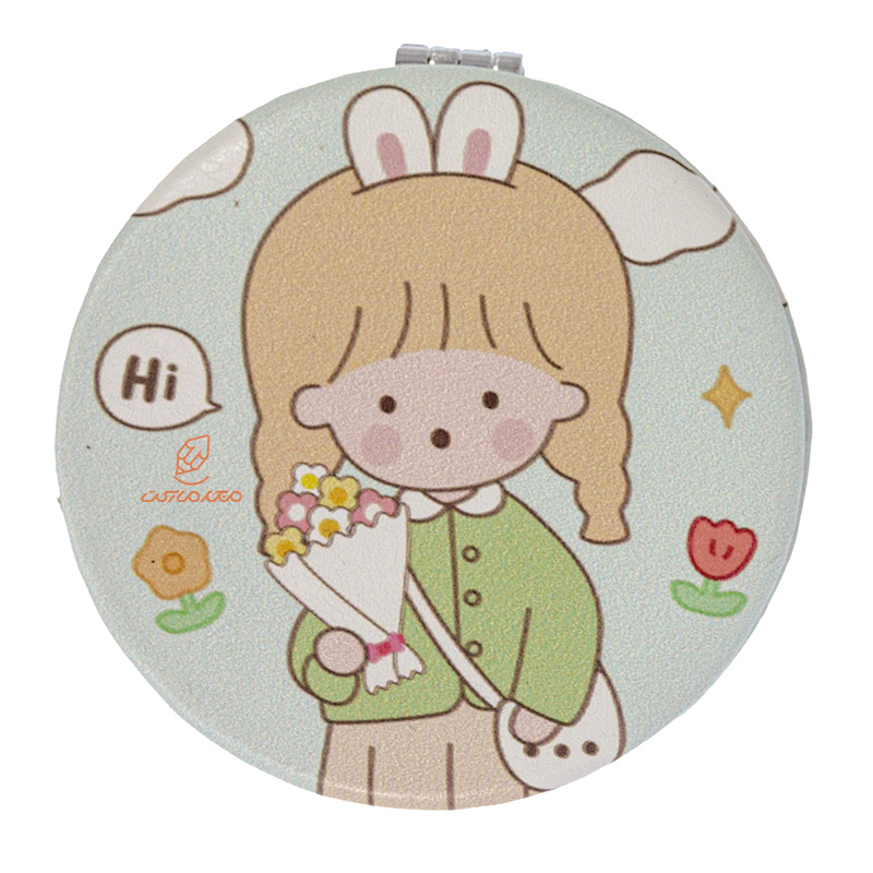 آینه گرد جیبی (آرایشی) فانتزی سبز طرح دختر و دست گل 105